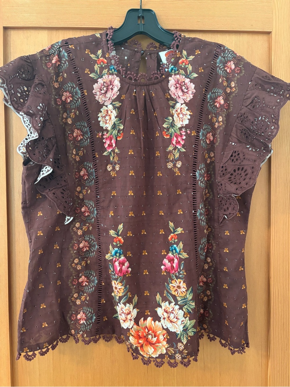 FARM Rio Brown Floral Eyelet Ruffle-Sleeve Blouse - Picture 2 of 4